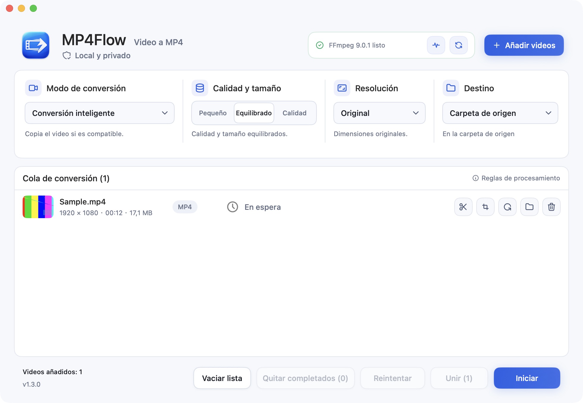 Interfaz en español de MP4Flow con una conversión de video local