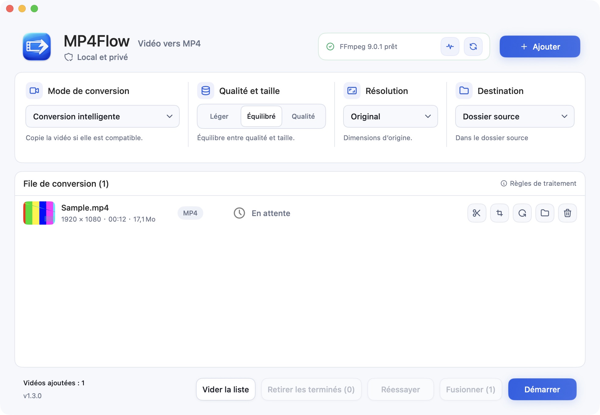 Interface française de MP4Flow avec une conversion vidéo locale